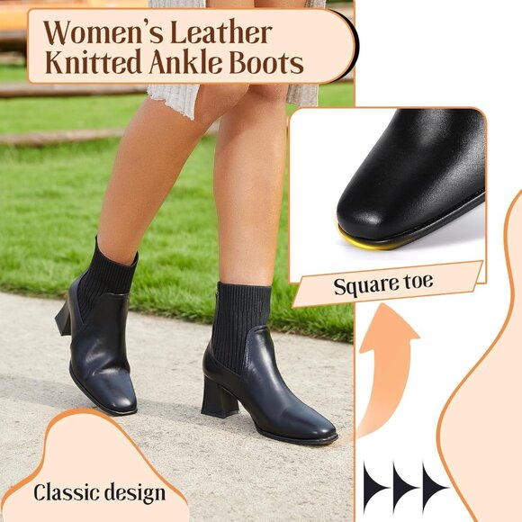 Women's Square Toe Ankle Black Boots Low Block Heel Chelsea Mid Calf Booties - Picture 2 of 7